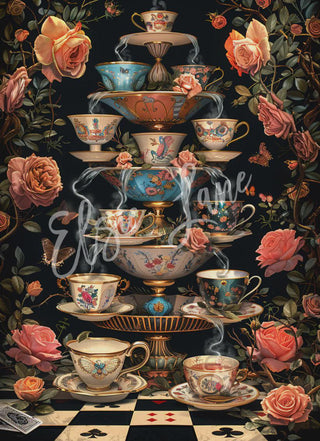 Party of Tea Cups Storybook Alice Decoupage Rice Paper: Floral Burst, Playful tea cups Charm Elsie Lane Decoupage Small Paper 8x11 A4 SIZE