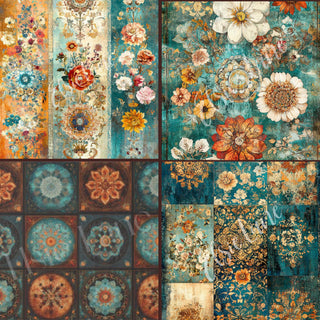 Boho Decoupage Bundle Set 4 Papers A4 SIZE Boho Kantha,Boho Drama, Mosaico, Backgrounds 4 sheets of decoupage sheets