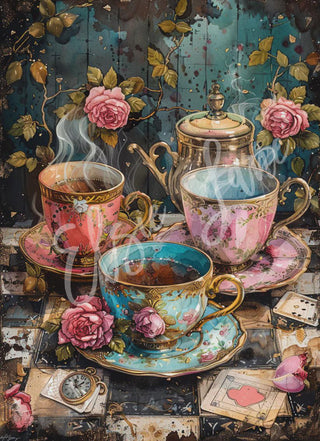Tea Cups for Storybook Alice Junk Journal Ephemera Decoupage Paper- Elsie Lane Decoupage rice Paper Small A4 SIZE