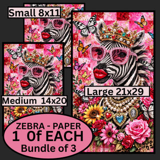 Zebra Paper Bundle Pack of 3 Unapologetic Zebra Bonnie Lynn Elsie Lane Decoupage Paper Small-Medium-Large paper Set 3 sizes